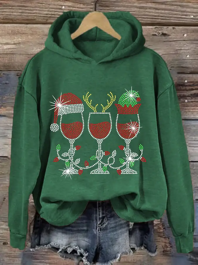 Women's Christmas Elf Deer Santa Hat Red Wine Glass Print Hoodie