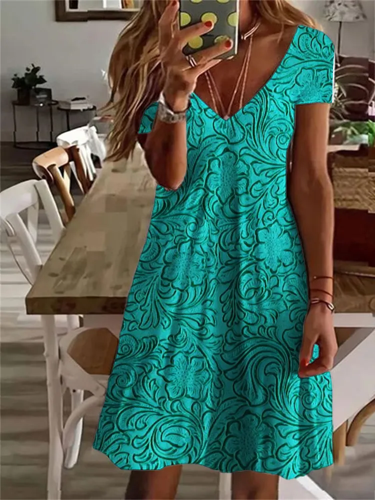 Western Turquoise Floral Leather Art Midi Dress