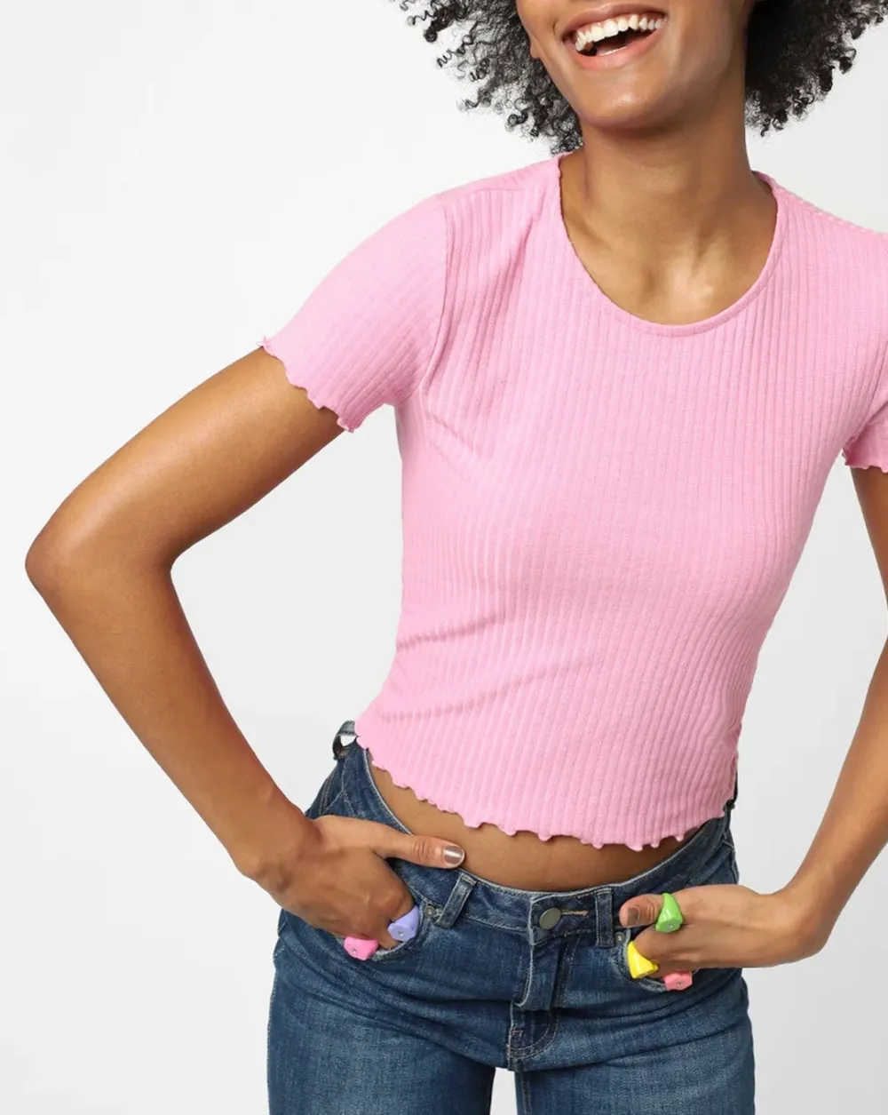 Pink Ribbed Cropped T-shirt