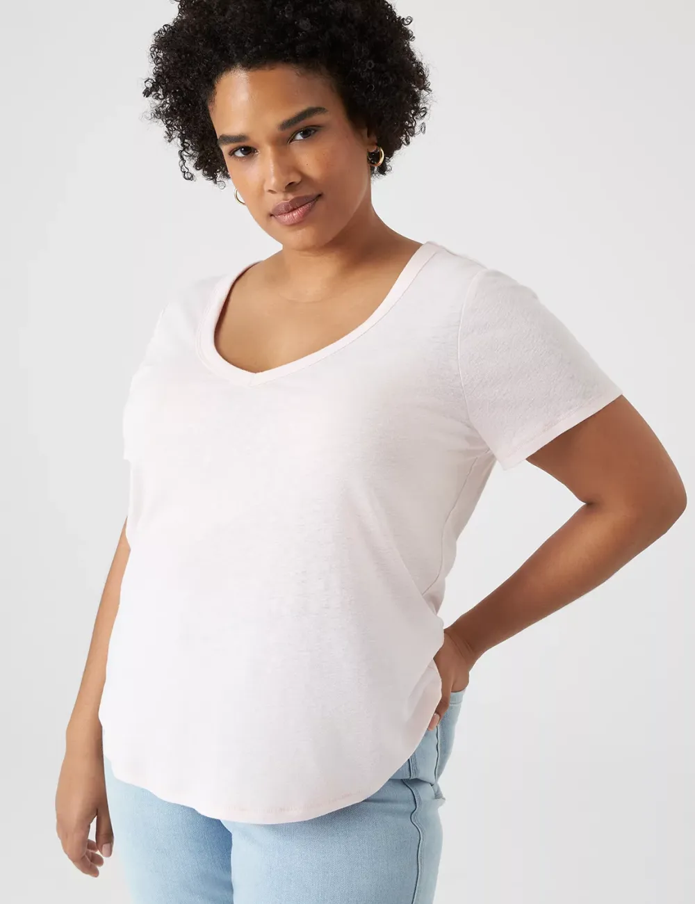 Short-Sleeve Deep V-Neck Linen Tee