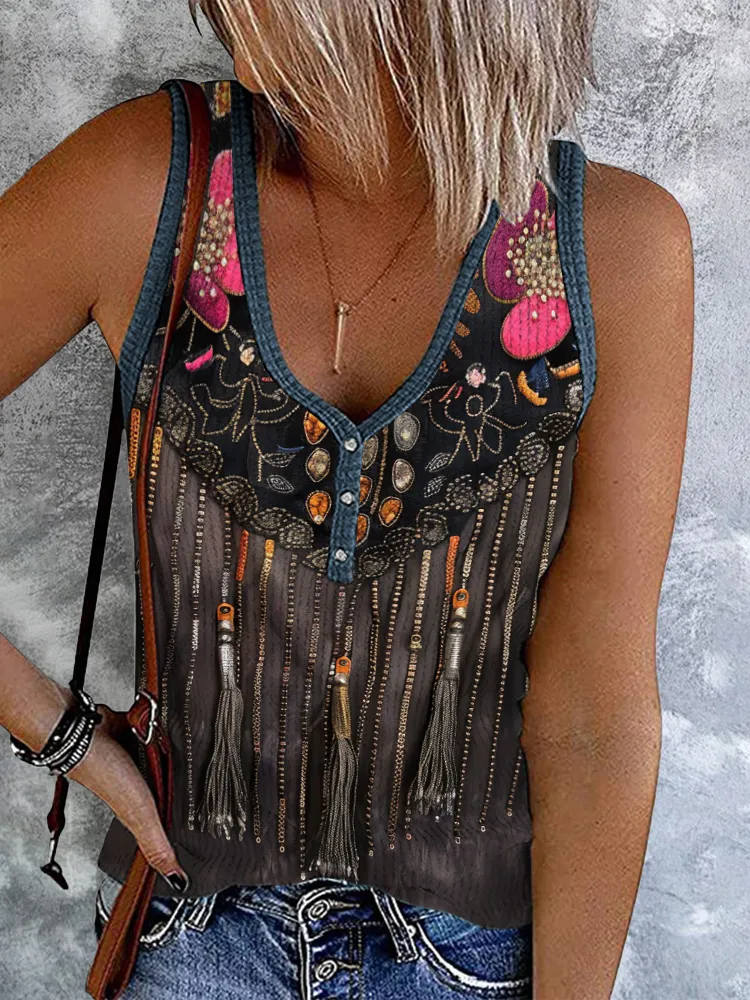 Vintage Western Tassel Print Sleeveless Tank Top