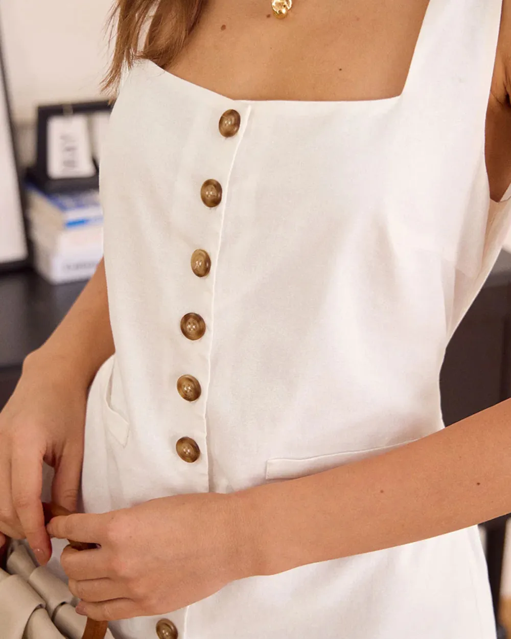 White Sleeveless Button Dress