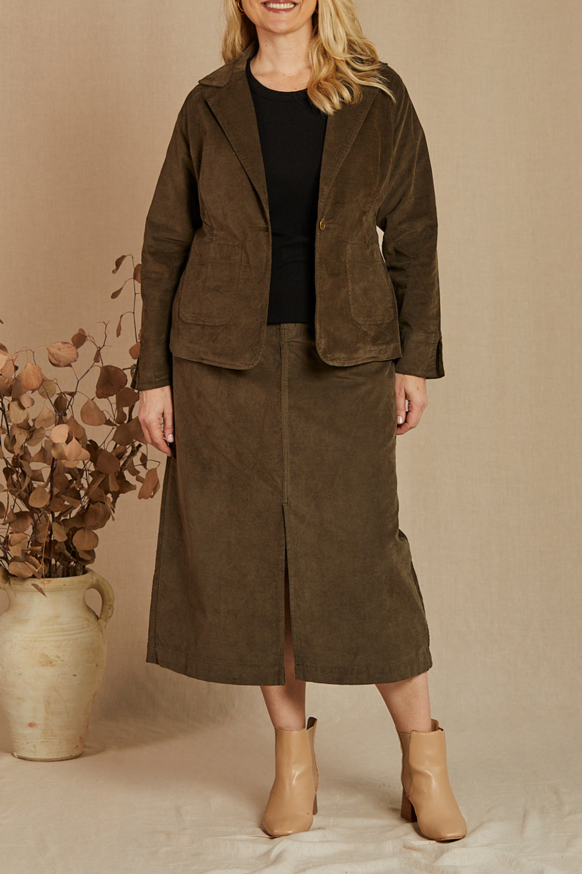 Adrift Split Brushed Cotton Skirt in Olive