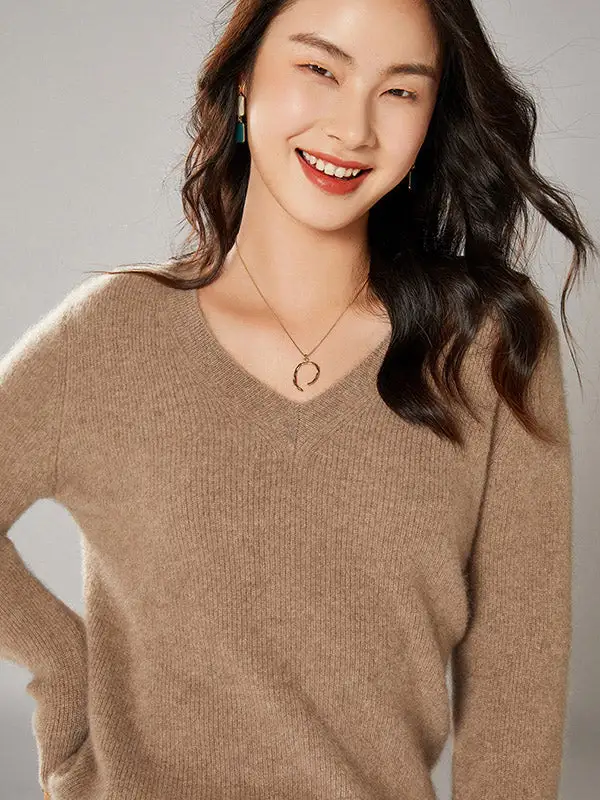 Simple 6 Colors V-Neck Long Sleeves Wool Knitting Sweater