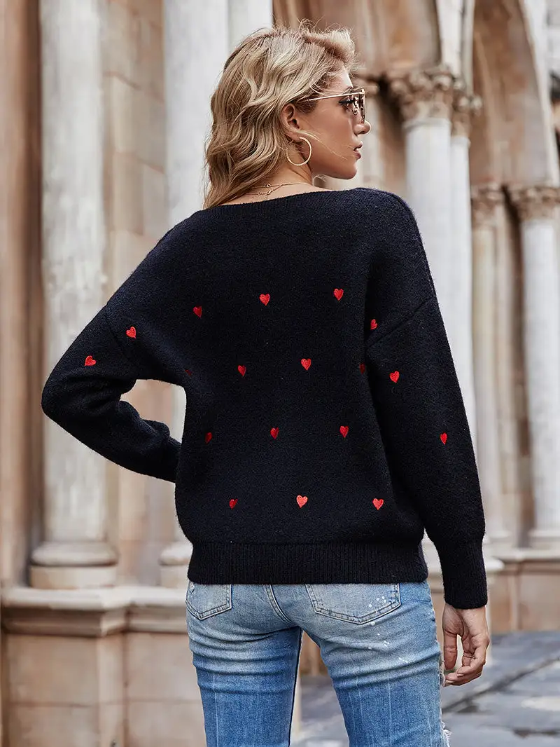 Needless To Say Sage Red Heart Print Sweater