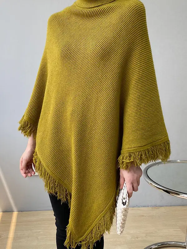 Casual Loose Tasseled Solid Color High-Neck Sweater Tops