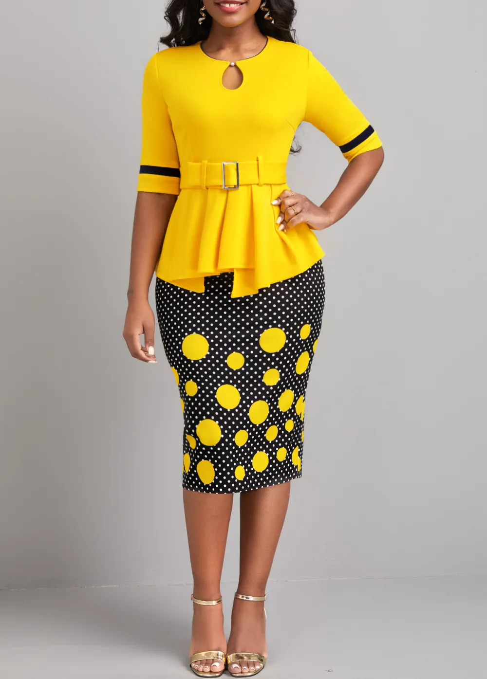 Polka Dot Patchwork Belted Yellow Bodycon Dress