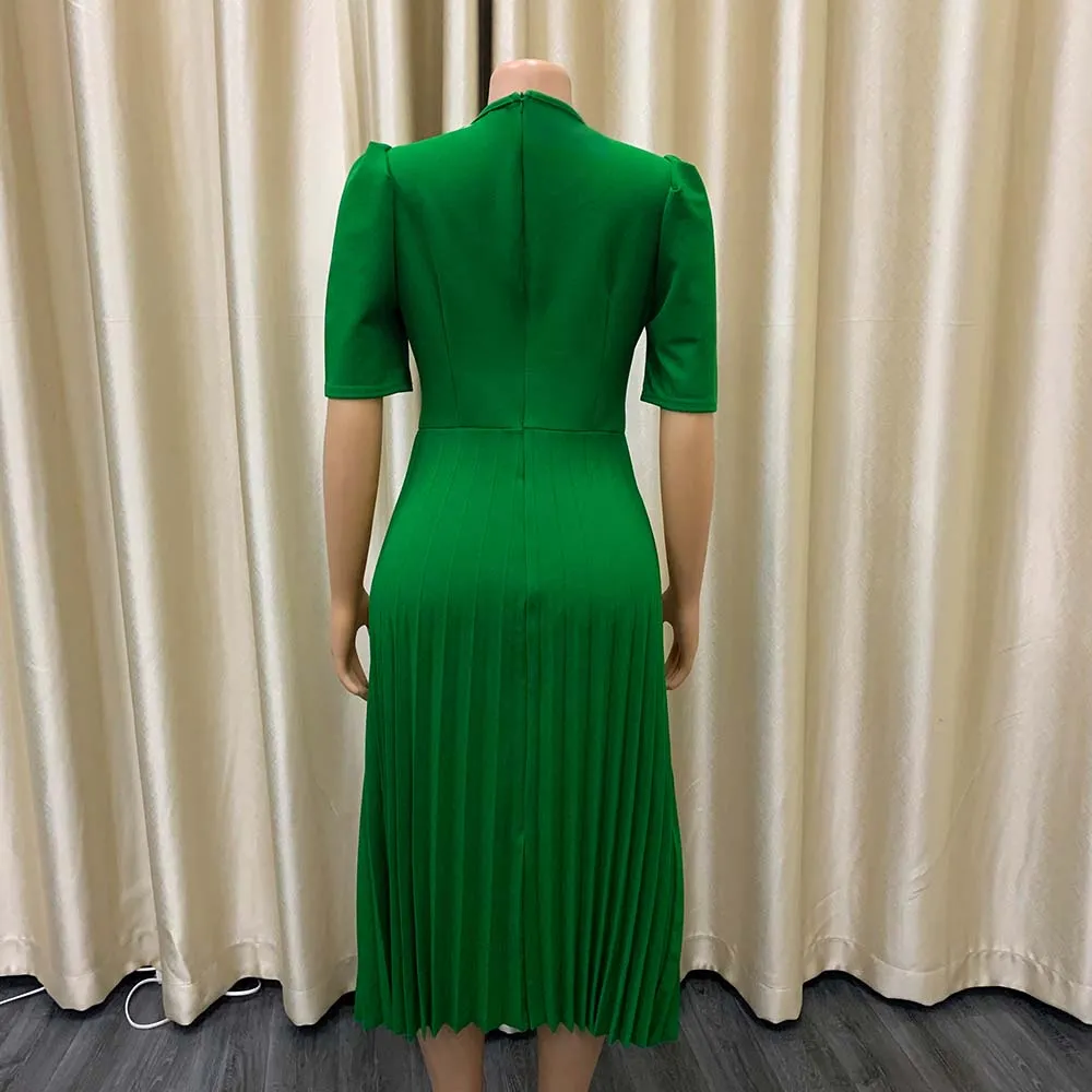 Women Summer Green Elegant O-Neck Short Sleeves Solid Midi Pleated Plus Size Office Dress