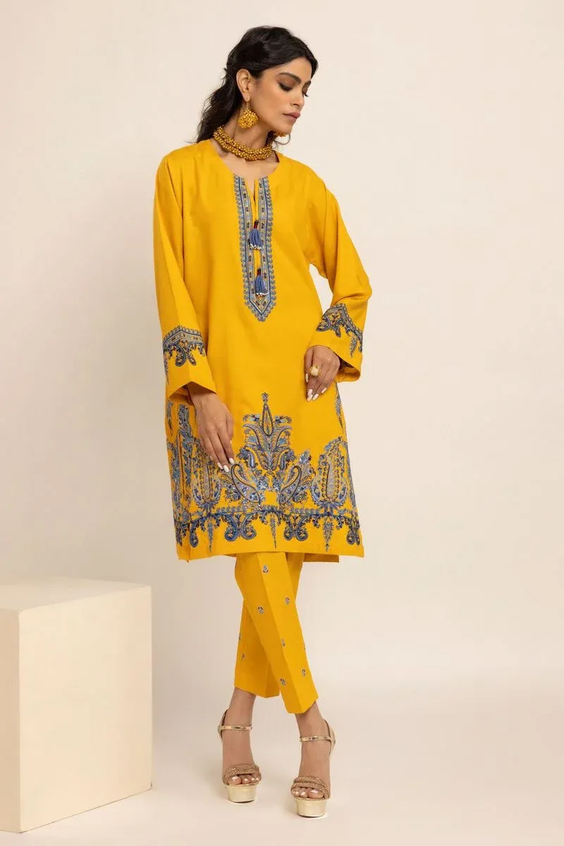 3 Piece Kurta Embroidered | Dupatta& Bottom & Tops | Color yellow