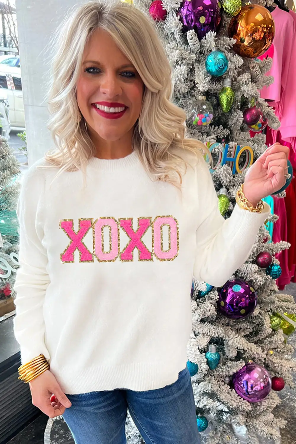 XOXO Glitter Print Round Neck Casual Sweater