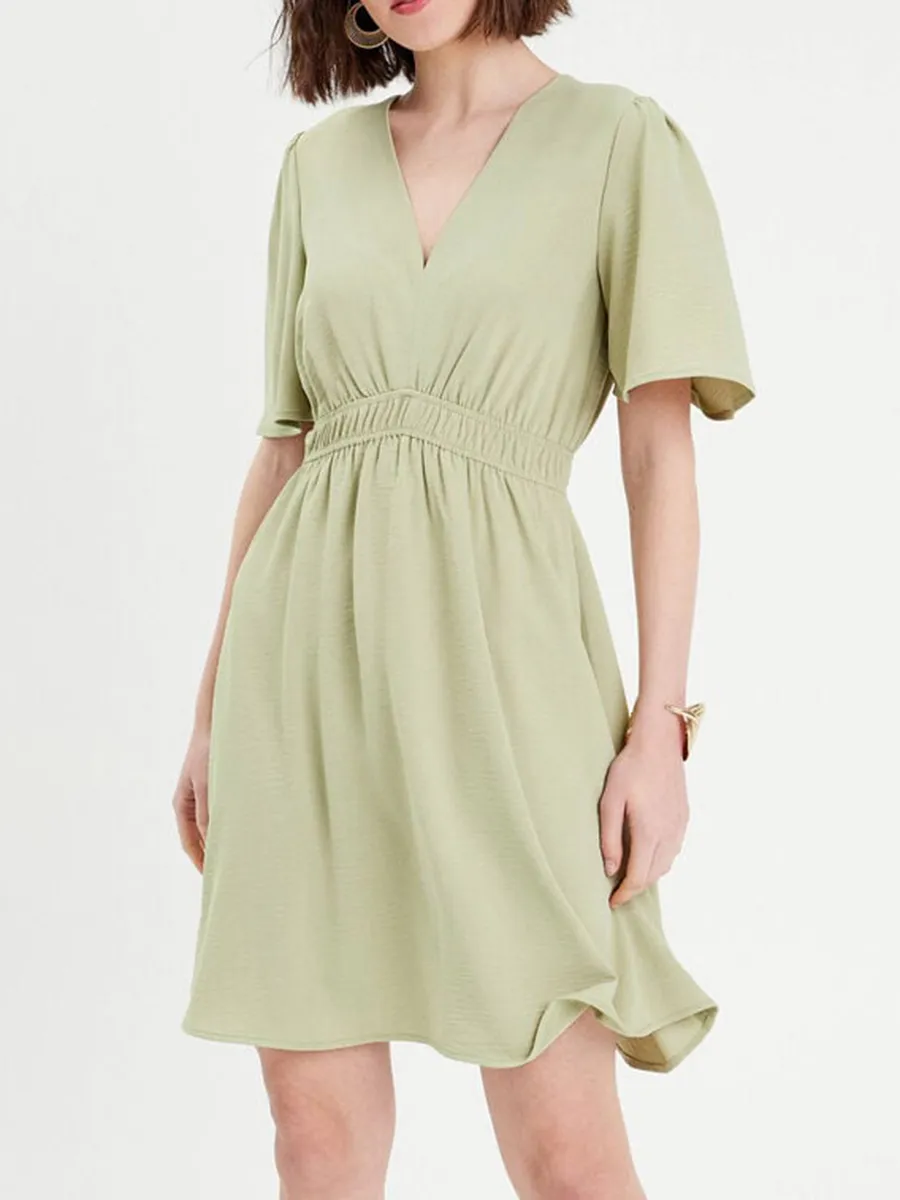 Robe évasée taille élastiquée vert kaki femme