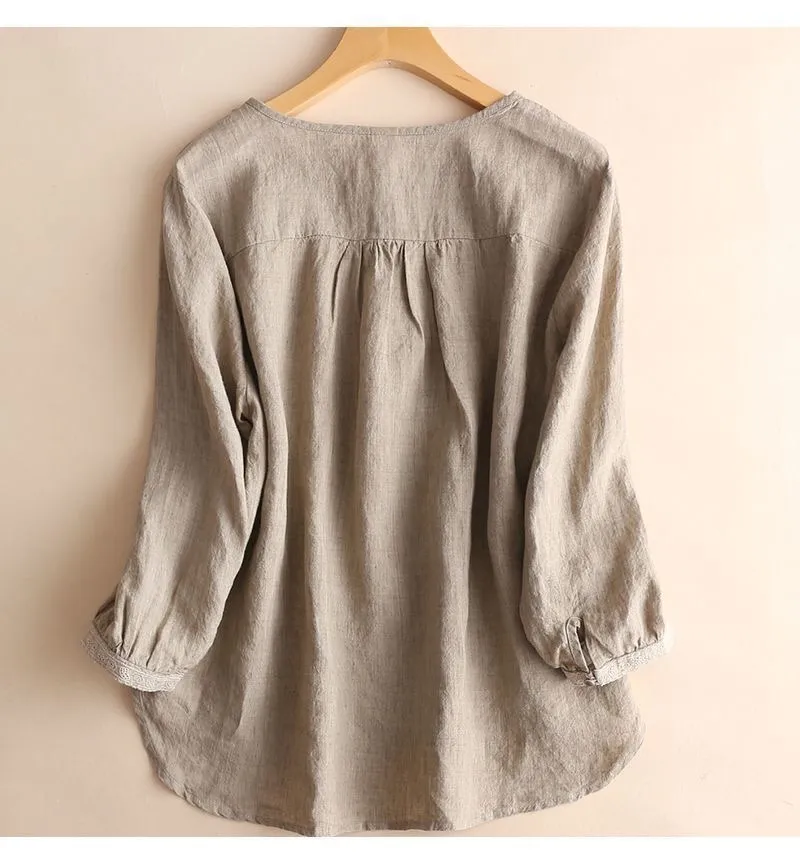 3/4 sleeve cotton and linen round neck shirt