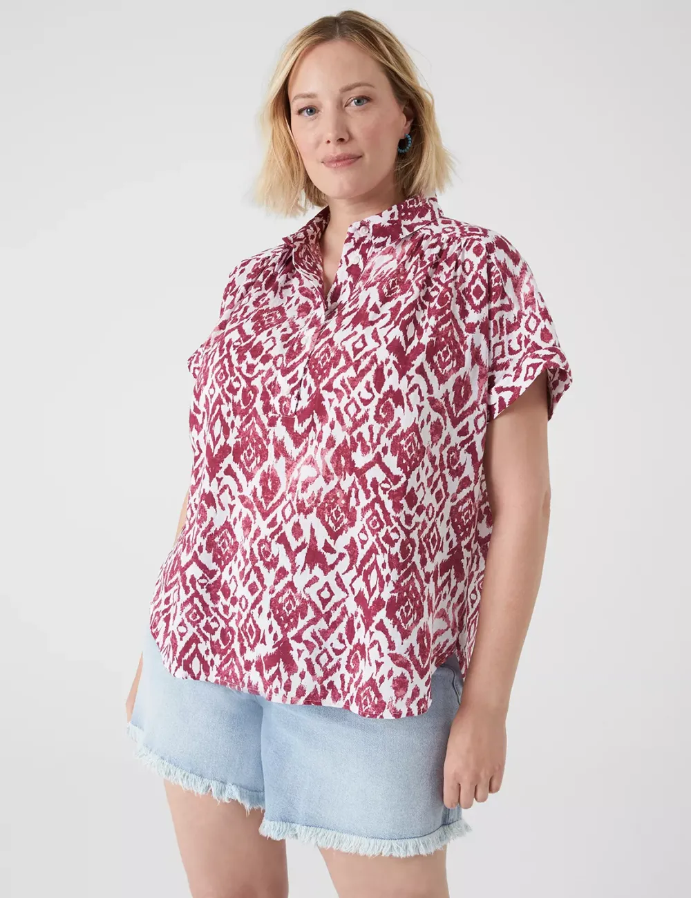 Short-Sleeve Collared Popover Blouse