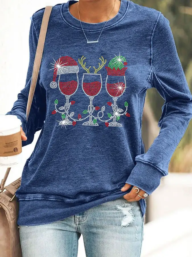 Women's Christmas Elf Deer Santa Hat Red Wine Glass Sweatshirt