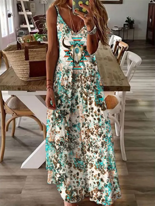 Western Animal Pattern V-Neck Cami Max Dress