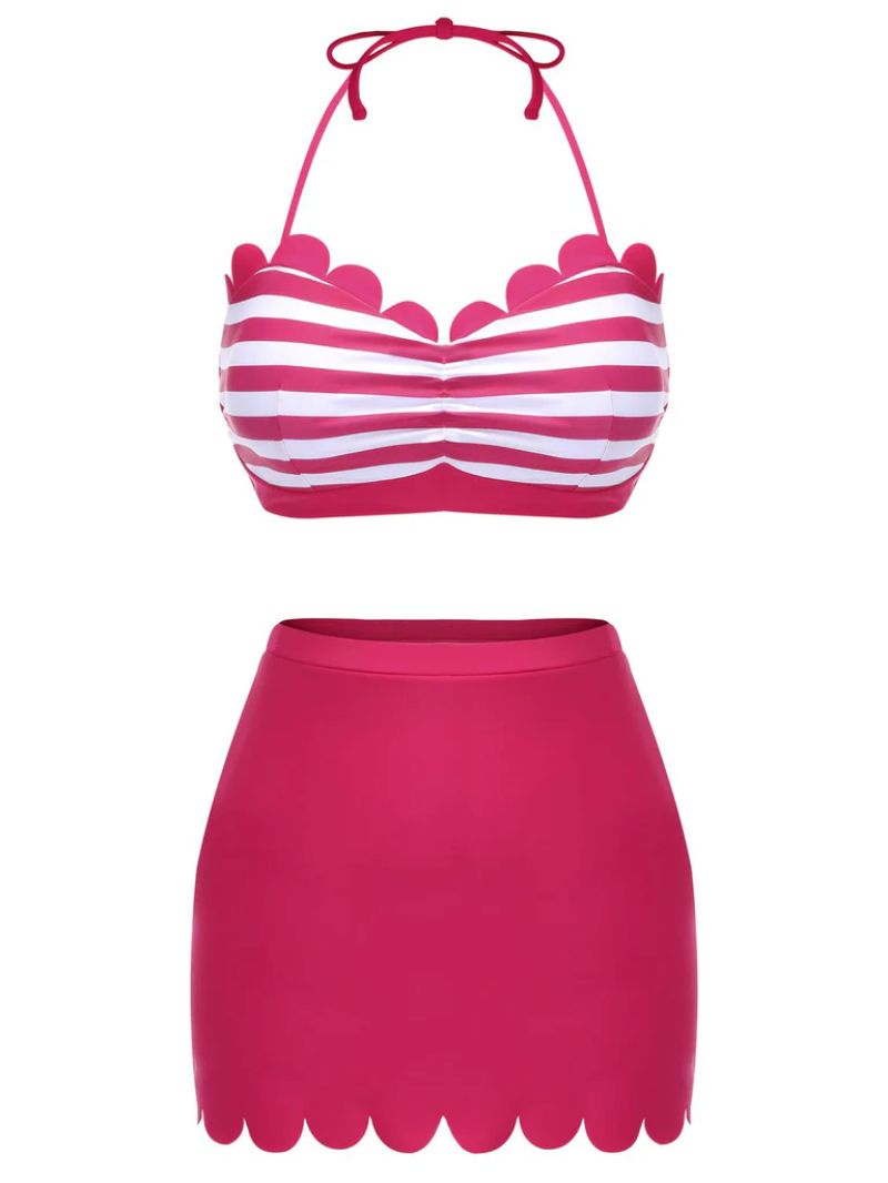 ROSE PINK 1960S STRIPES HALTER BIKINI SET