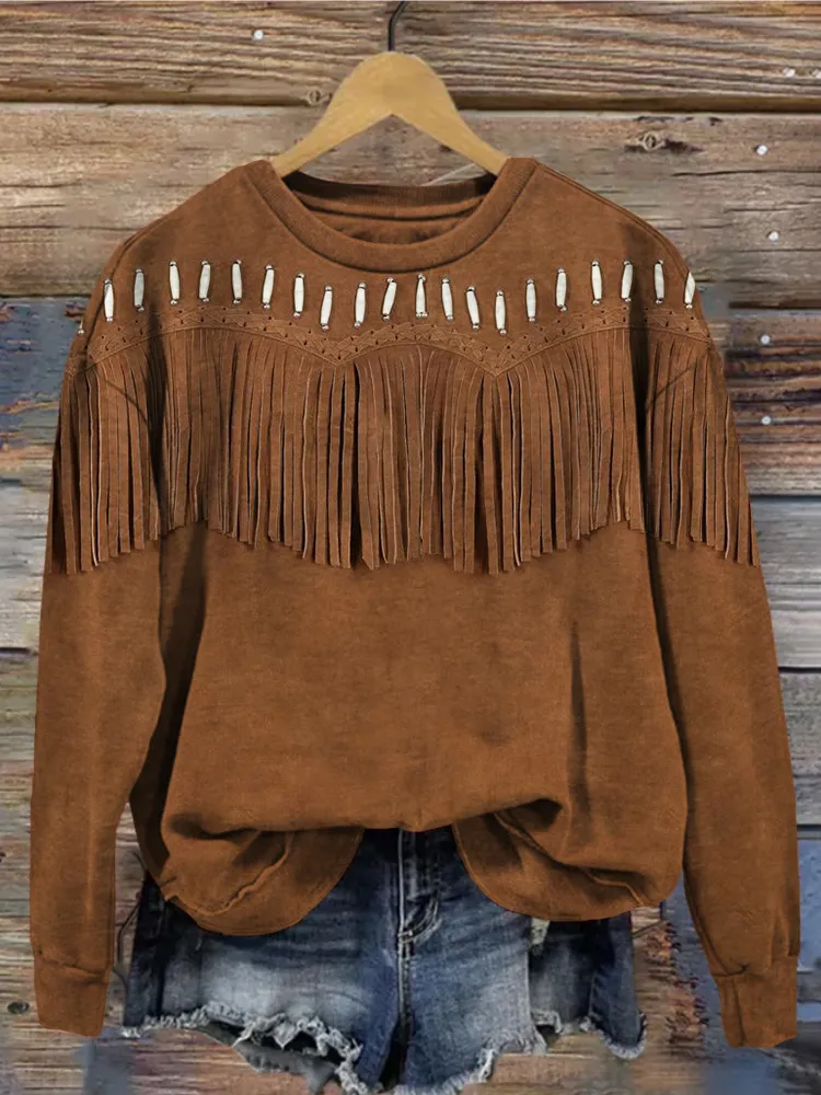 Western Leather Fringe Art Crew Neck Vintage  Sweatshirt