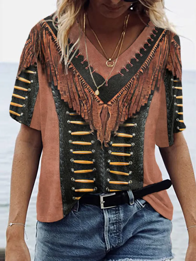 Western Fringe Print V-Neck Short Sleeve T-Shirt