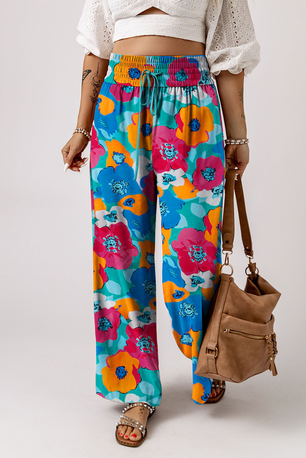 Drawstring Wide Abstract Floral Print Waistband Pants