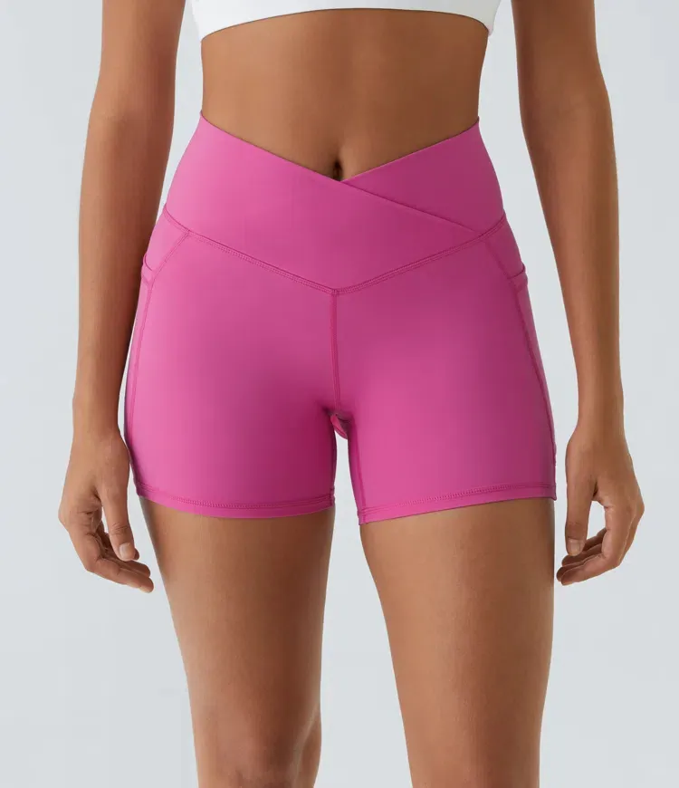 High Waisted Crossover Side Pocket Back Flare Quick Dry Yoga Shorts