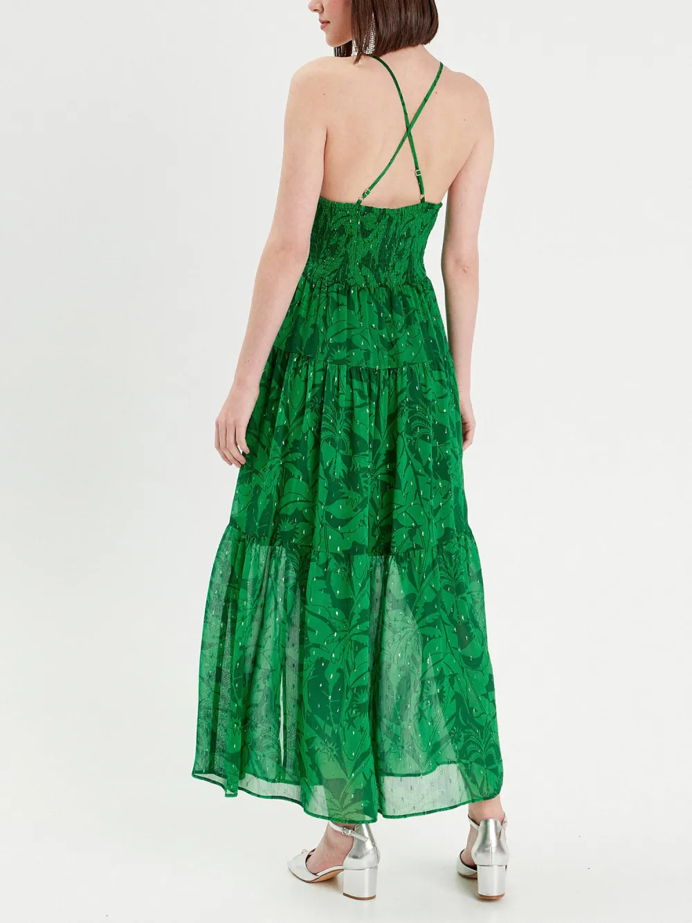 Robe longue évasée bretelles vert femme