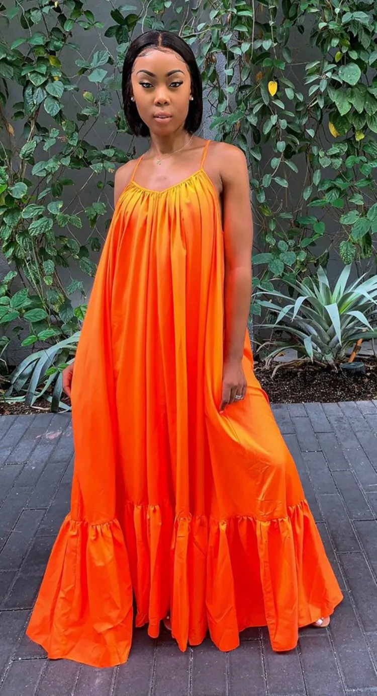 Women Summer Orange Strap Solid Color Boho Swing Long Maxi Dress