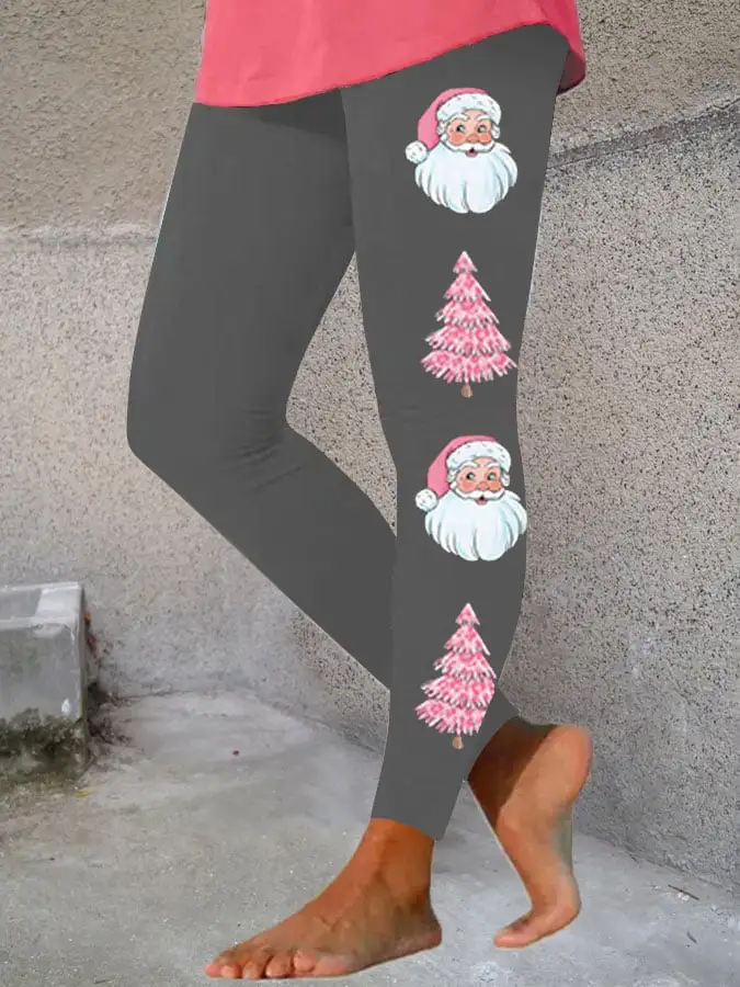 Women's Pink Santa Claus   Tree Print Stretch Leggings