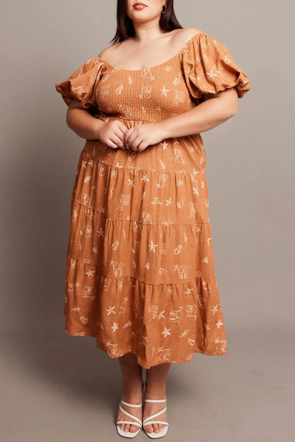 Brown Abstract Midi Dress Short Sleeve Shirred