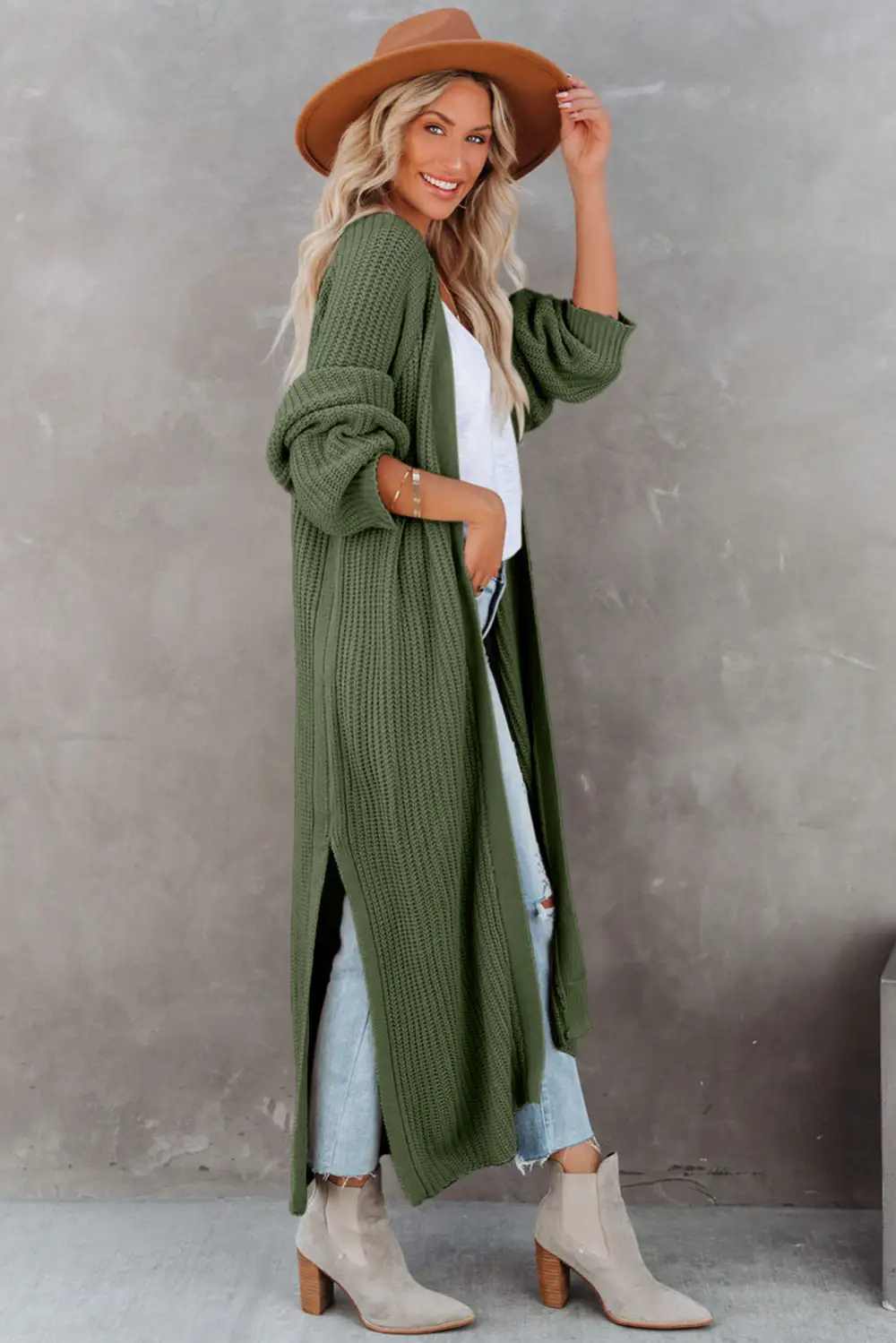 Open Front Side Slit Duster Knit Cardigan