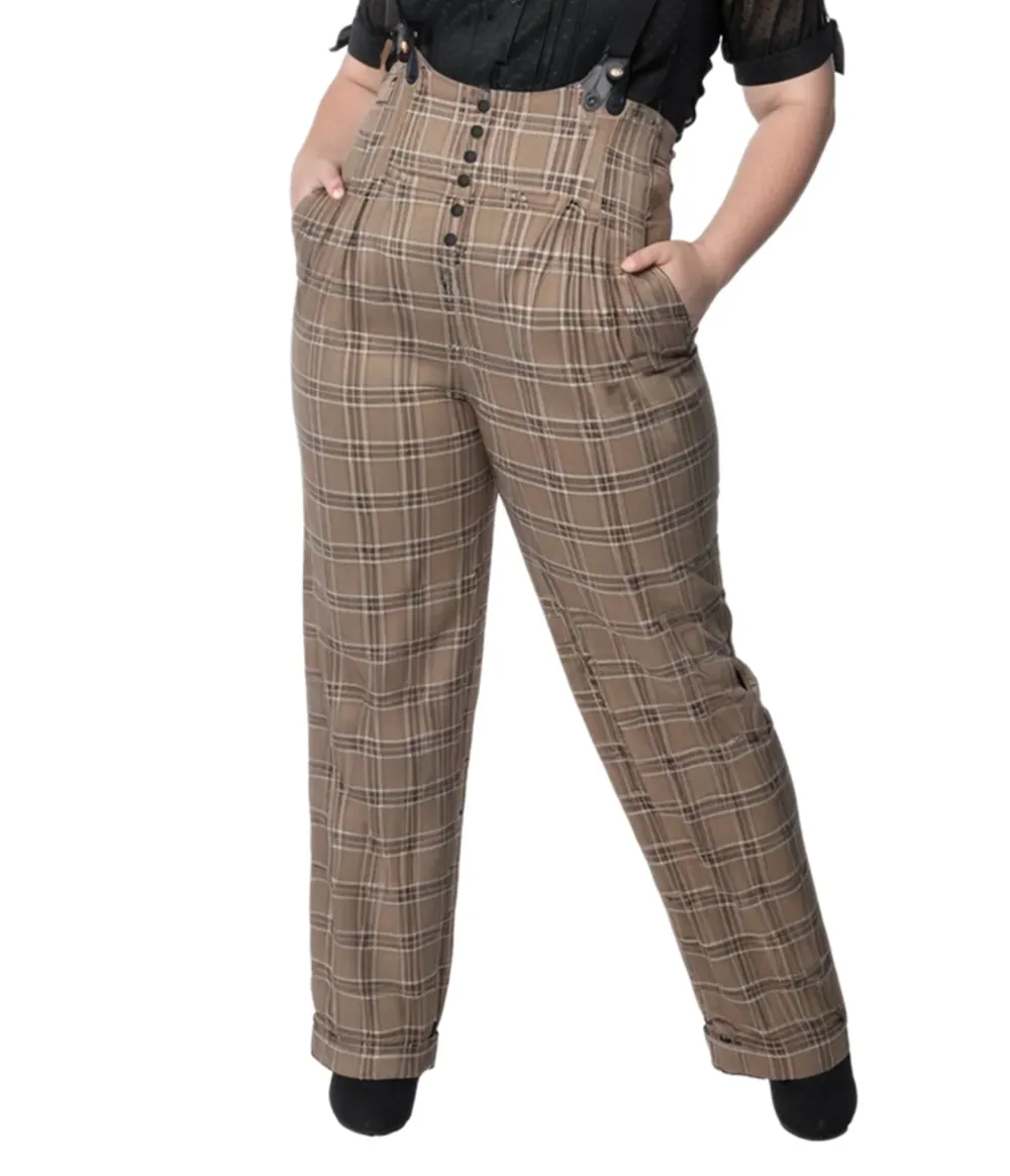 Unique Vintage Plus Size 1930s Dark Beige Windowpane Thelma Suspender Pants