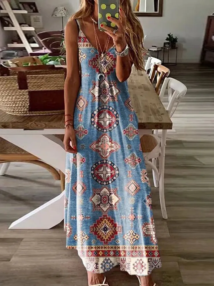 Women'S Western Style Azte Ethnic Printed Sleeveless Dress