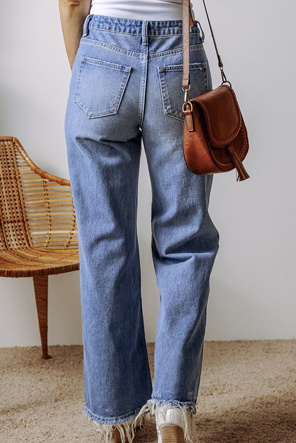 Blue Distressed Raw Hem Straight Leg High Waist Jeans