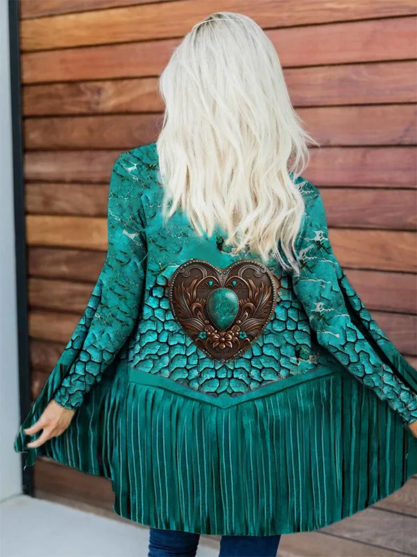 Western Turquoise Fringed Leather Art Cardigan