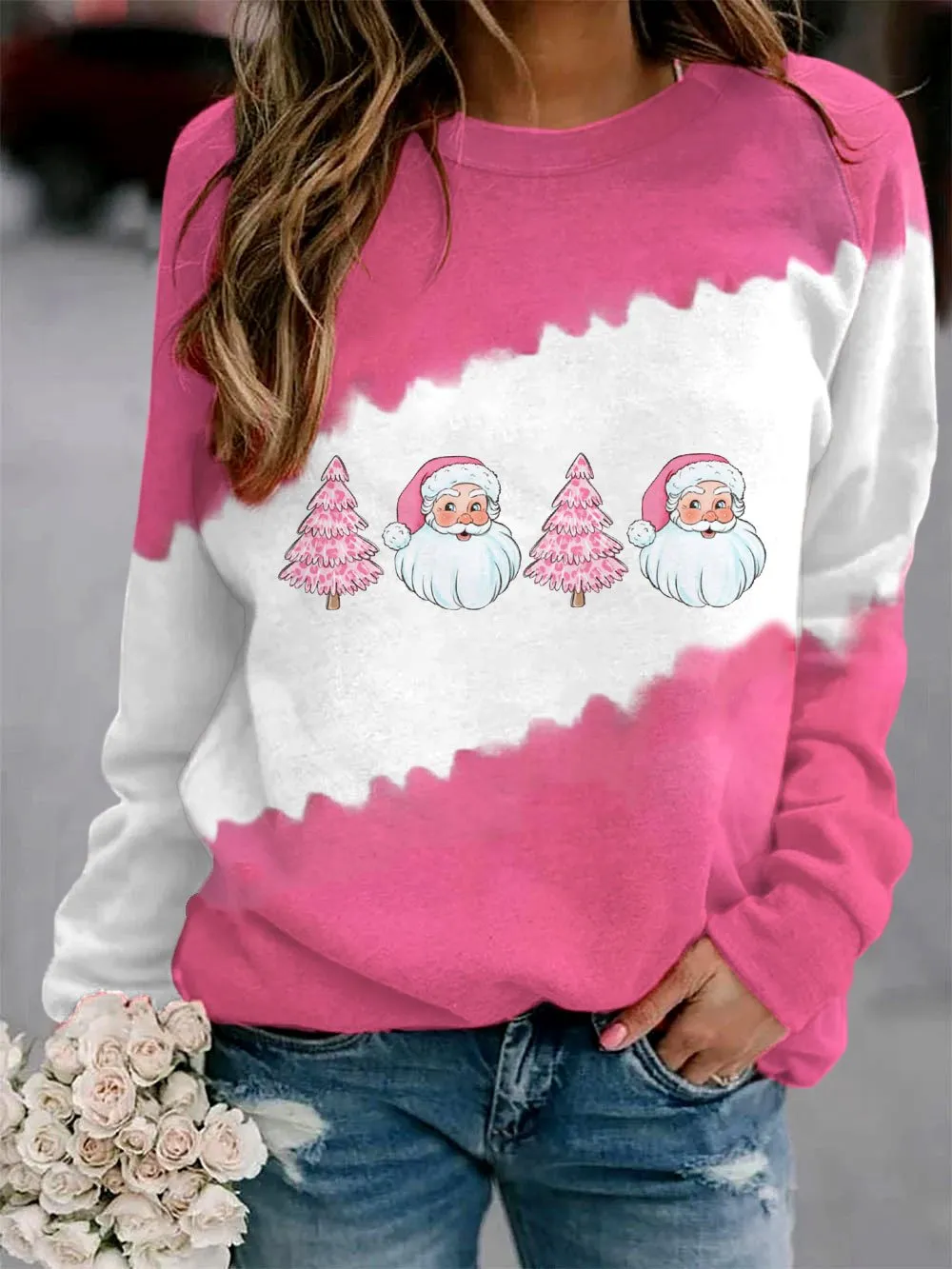 Women's Santa   Tree Print Sweatshirt