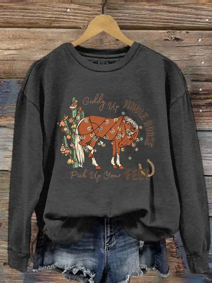 Women's Giddy Up Jingle Horse Pick Up Your Feet Printed Sweatshirt