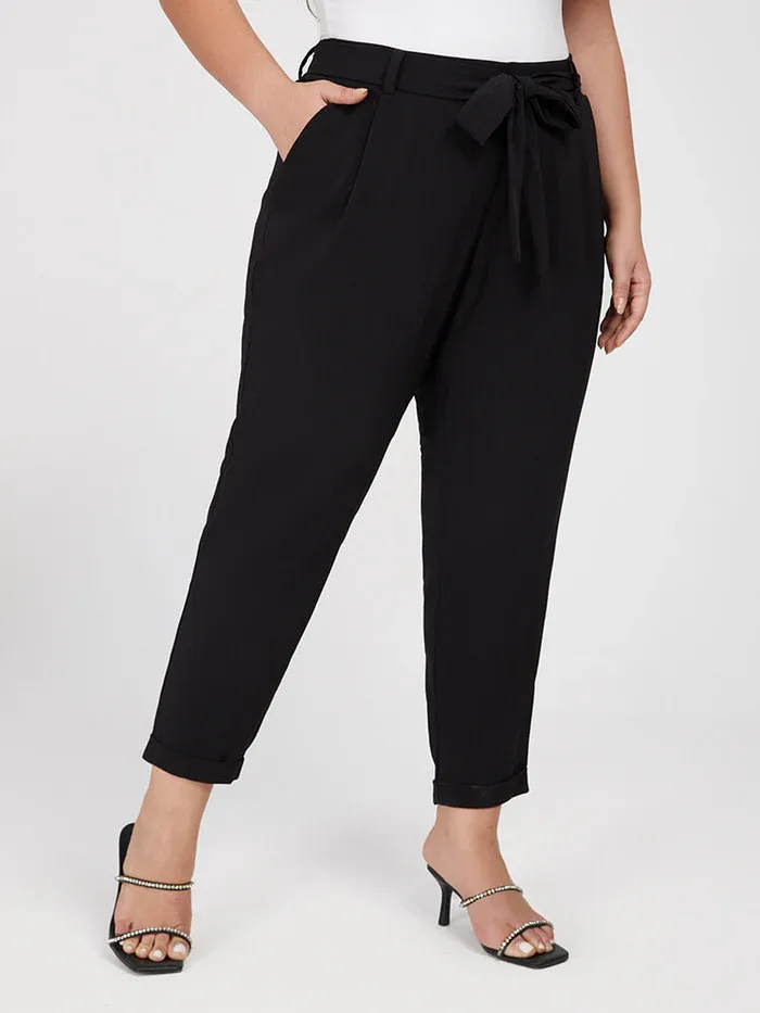 Plus Black Solid Tie Elastic Waist Pants