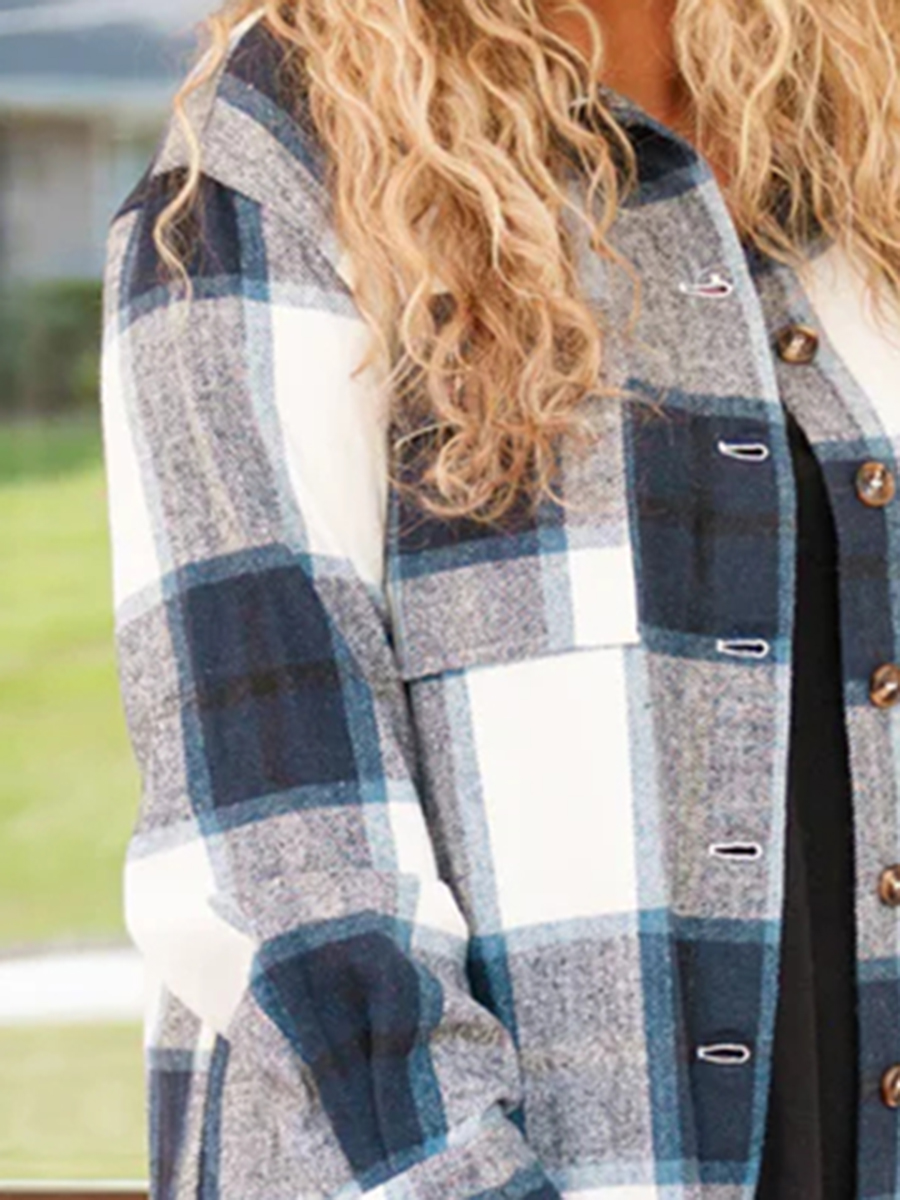 Contrast plaid button mid length jacket