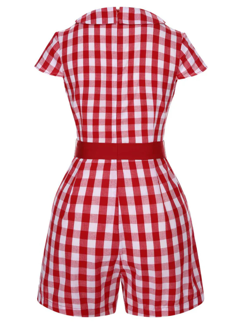 RED 1940S LAPEL PLAIDS BELTED ROMPER