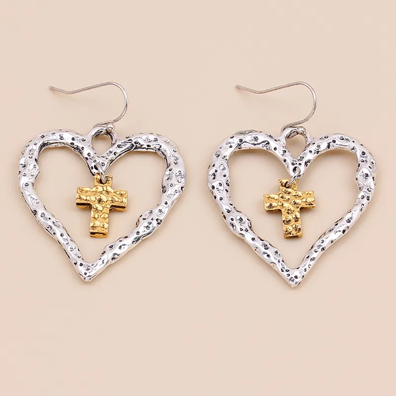 Vintage Cutout Heart Cross Earrings