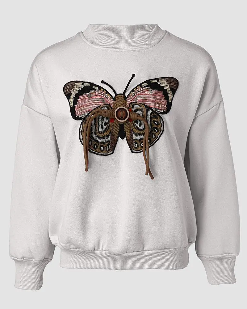 Butterfly Pattern Fleece Lined Sweatshirt Long Sleeve Crewneck Casual Loose Vintage Pullover Tops