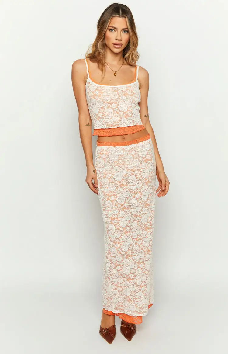 Willow Orange Contrast Lace Midi Skirt