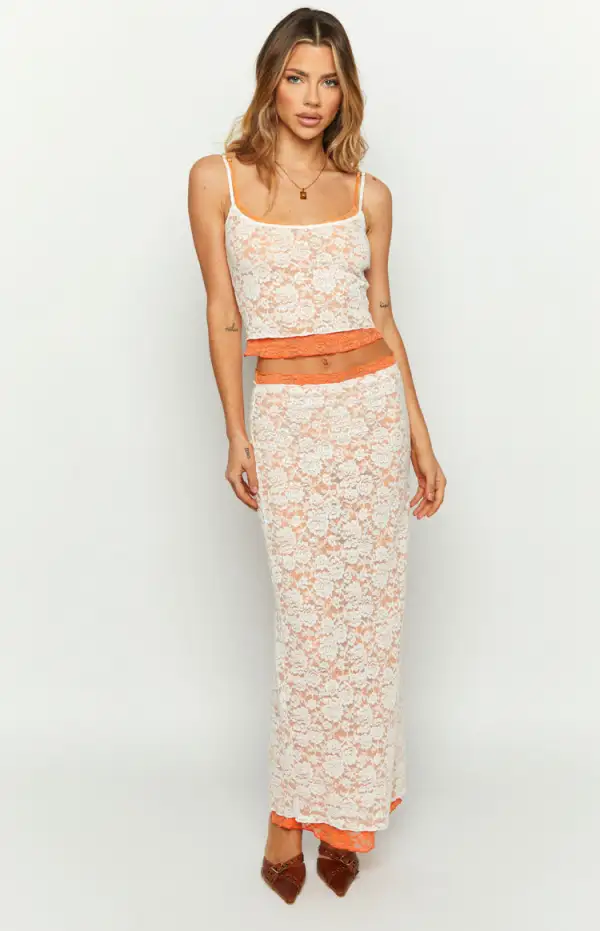 Willow Orange Contrast Lace Midi Skirt