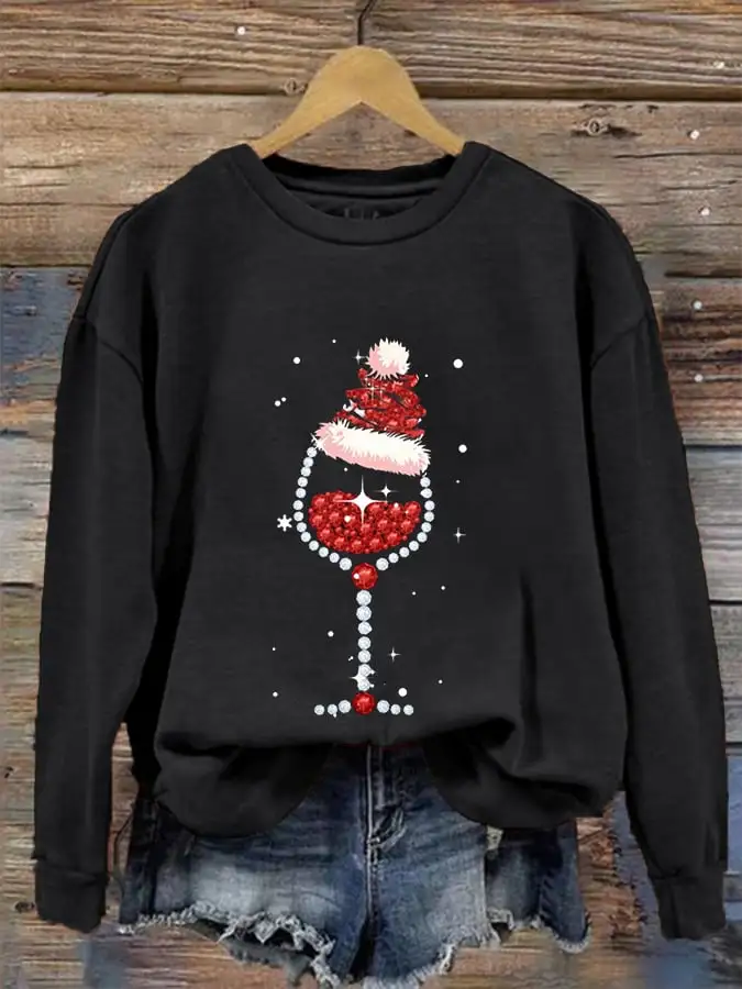 Women's Shiny Christmas Hat Red Wine Glass Casual Sweatshirt