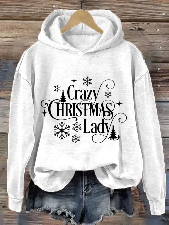 Women's Crazy Christmas Lady Print Casual Hooded Sweatshirt