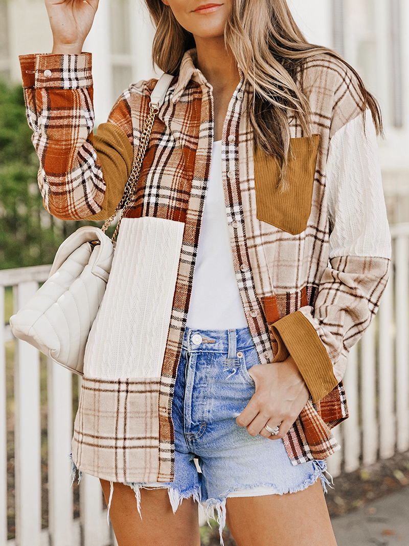 Orange Plaid Color Block Patchwork Shirt Jacket with Pocket