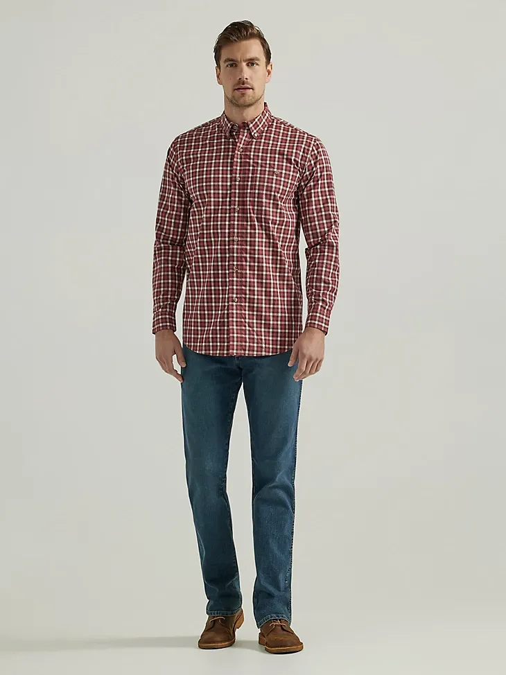 WRANGLER RUGGED WEAR® LONG SLEEVE WRINKLE RESIST PLAID BUTTON-DOWN SHIRT IN TEAL NAVY