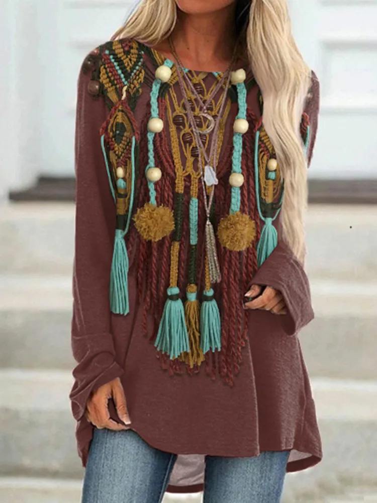 Vintage Western Ethnic Tassel Print Long Sleeves Tunic