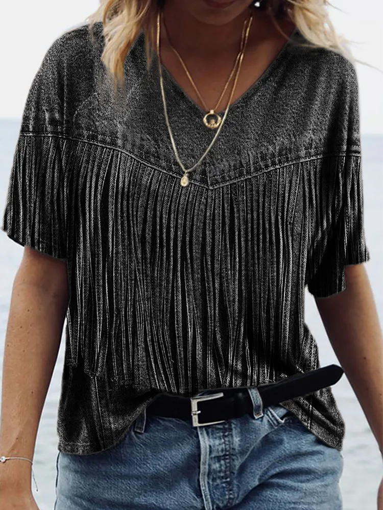 Vintage Denim Fringe V Neck T Shirt