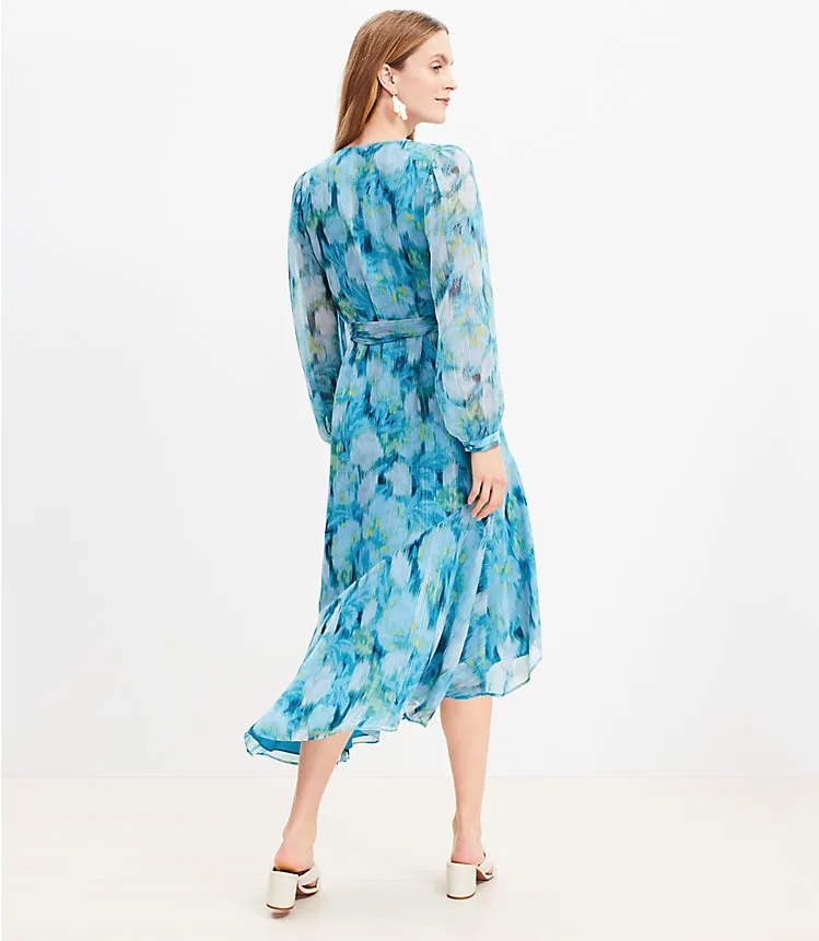 Shimmer Floral Ikat Ruffle Wrap Dress