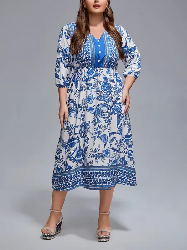 Plus Floral V-Neck Lantern Sleeve Boho Midi Dress